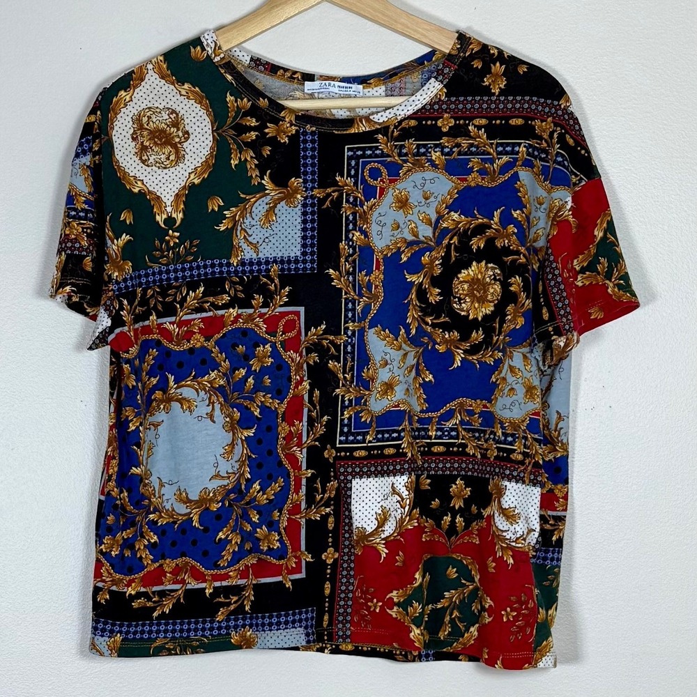 Zara Baroque Scarf Print Top M Multicolor Patchwork Boxy Fit Ornate Gold Scroll